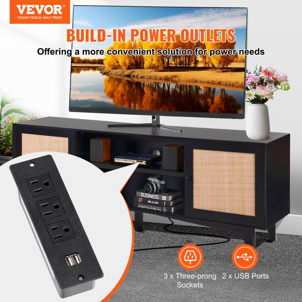 Rattan TV Stand for 75in TV, Boho TV Stand with Rattan Door, Entertainment Center with Build-in Socket, Storage Cabinet with 2 Shelves, Modern TV Console for Living Room, Media Room, Black