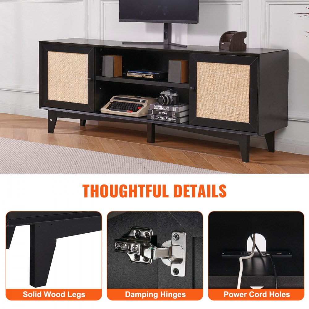 Rattan TV Stand for 75in TV, Boho TV Stand with Rattan Door, Entertainment Center with Build-in Socket, Storage Cabinet with 2 Shelves, Modern TV Console for Living Room, Media Room, Black