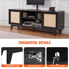 Rattan TV Stand for 75in TV, Boho TV Stand with Rattan Door, Entertainment Center with Build-in Socket, Storage Cabinet with 2 Shelves, Modern TV Console for Living Room, Media Room, Black