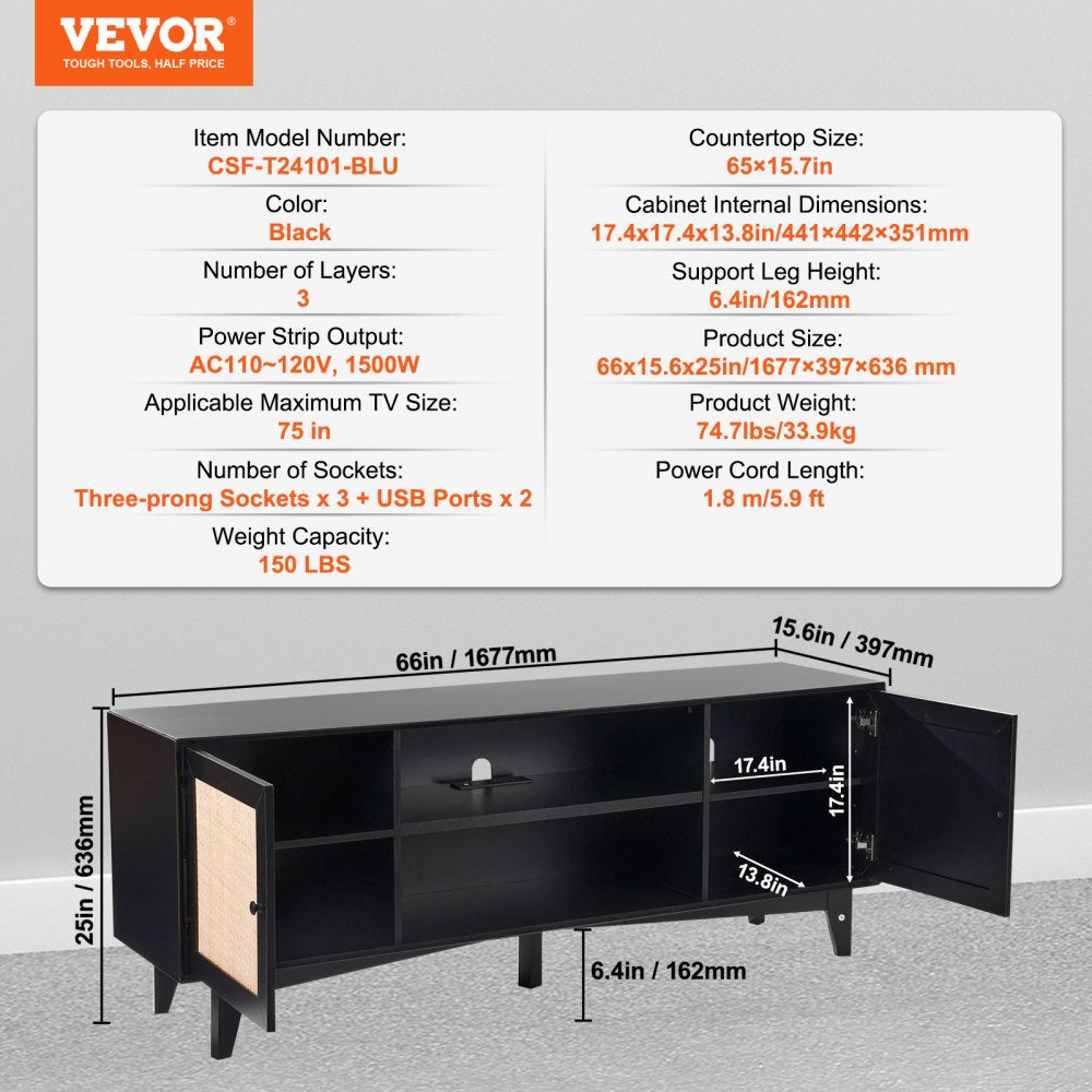 Rattan TV Stand for 75in TV, Boho TV Stand with Rattan Door, Entertainment Center with Build-in Socket, Storage Cabinet with 2 Shelves, Modern TV Console for Living Room, Media Room, Black
