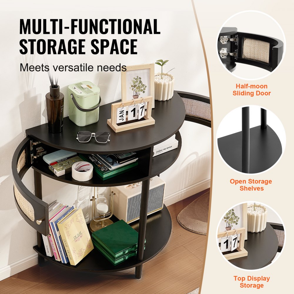 Half-moon Rattan Console Table 2 Storage Drawers Rattan Sliding Door Black, Rattan Entryway Table with Storage, Small Console Tables for Entryway, Entry Table for Hallway, Living Room Table