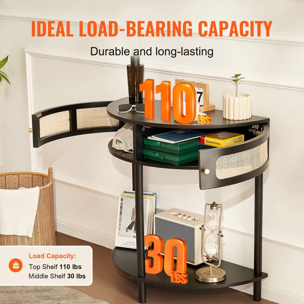 Half-moon Rattan Console Table 2 Storage Drawers Rattan Sliding Door Black, Rattan Entryway Table with Storage, Small Console Tables for Entryway, Entry Table for Hallway, Living Room Table