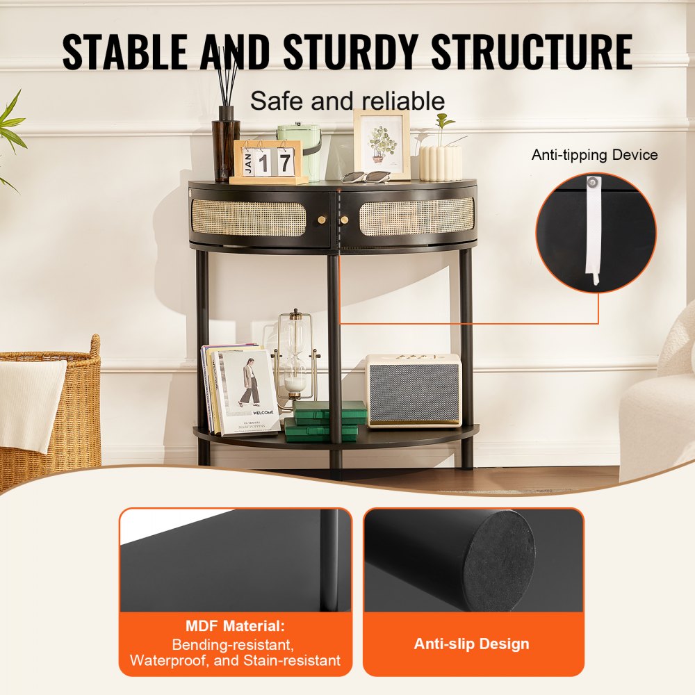 Half-moon Rattan Console Table 2 Storage Drawers Rattan Sliding Door Black, Rattan Entryway Table with Storage, Small Console Tables for Entryway, Entry Table for Hallway, Living Room Table