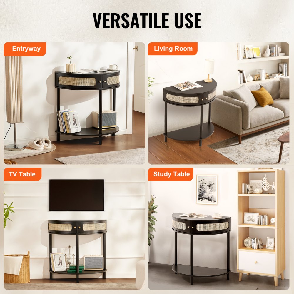 Half-moon Rattan Console Table 2 Storage Drawers Rattan Sliding Door Black, Rattan Entryway Table with Storage, Small Console Tables for Entryway, Entry Table for Hallway, Living Room Table