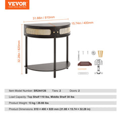 Half-moon Rattan Console Table 2 Storage Drawers Rattan Sliding Door Black, Rattan Entryway Table with Storage, Small Console Tables for Entryway, Entry Table for Hallway, Living Room Table