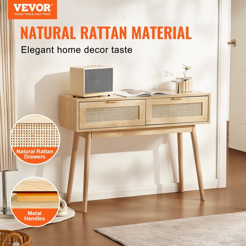 Rattan Console Table with 2 Storage Drawers Rattan Sliding Door Natural, Rattan Entryway Table with Storage, Small Console Tables for Entryway, Entry Table for Hallway, Living Room Table