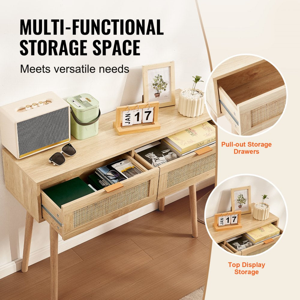 Rattan Console Table with 2 Storage Drawers Rattan Sliding Door Natural, Rattan Entryway Table with Storage, Small Console Tables for Entryway, Entry Table for Hallway, Living Room Table