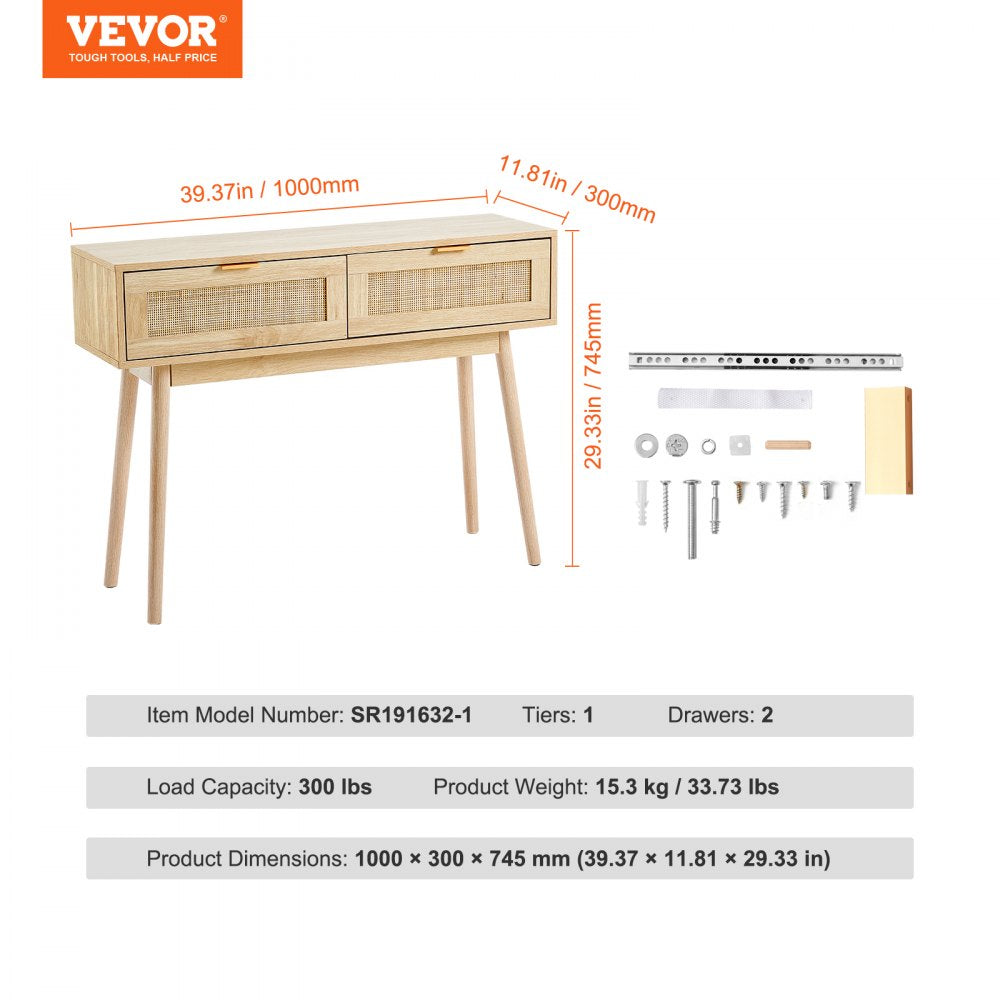 Rattan Console Table with 2 Storage Drawers Rattan Sliding Door Natural, Rattan Entryway Table with Storage, Small Console Tables for Entryway, Entry Table for Hallway, Living Room Table