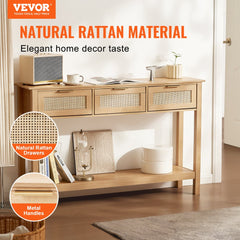 Rattan Console Table with 3 Storage Drawers Rattan Sliding Door Natural, Rattan Entryway Table with Storage, Small Console Tables for Entryway, Entry Table for Hallway, Living Room Table