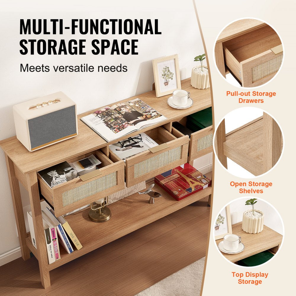 Rattan Console Table with 3 Storage Drawers Rattan Sliding Door Natural, Rattan Entryway Table with Storage, Small Console Tables for Entryway, Entry Table for Hallway, Living Room Table