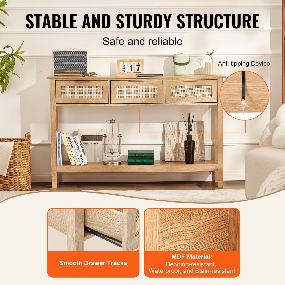 Rattan Console Table with 3 Storage Drawers Rattan Sliding Door Natural, Rattan Entryway Table with Storage, Small Console Tables for Entryway, Entry Table for Hallway, Living Room Table