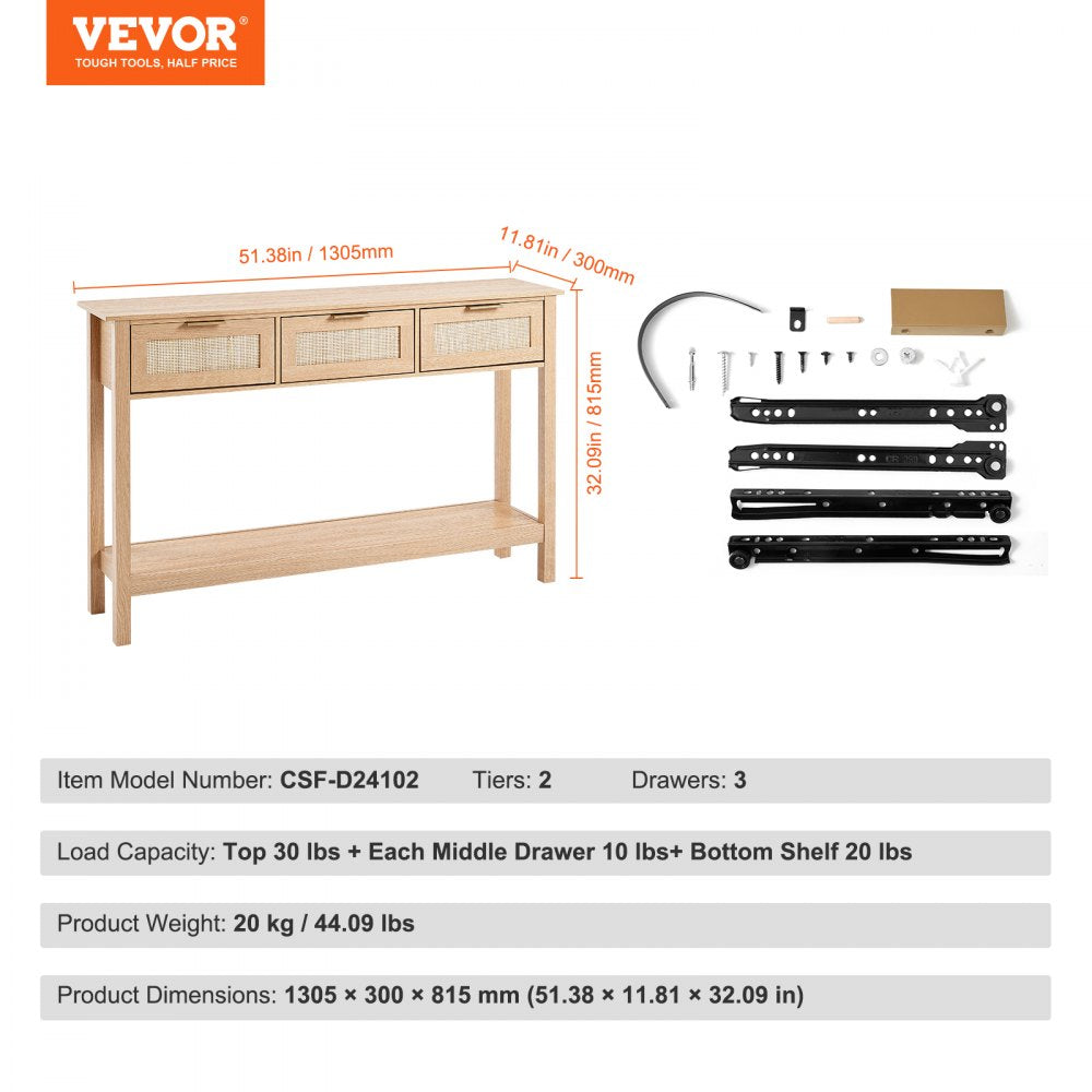Rattan Console Table with 3 Storage Drawers Rattan Sliding Door Natural, Rattan Entryway Table with Storage, Small Console Tables for Entryway, Entry Table for Hallway, Living Room Table