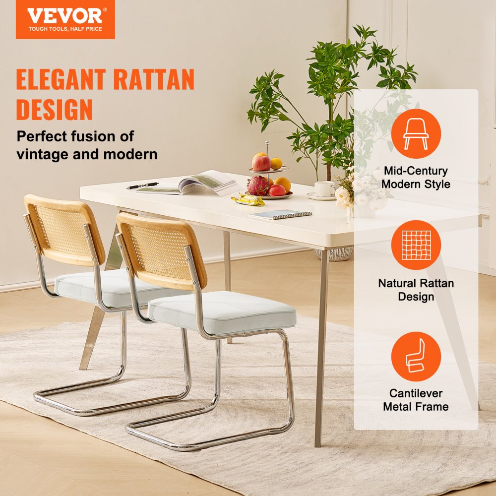 Rattan Dining Chairs Set of 2, Mid Century Modern Dining Chair, Upholstered Velvet Accent Chair with Rattan Back, Retro Dining Room Kitchen Chair for Living Room, Bedroom, Office (18.1 Inch)