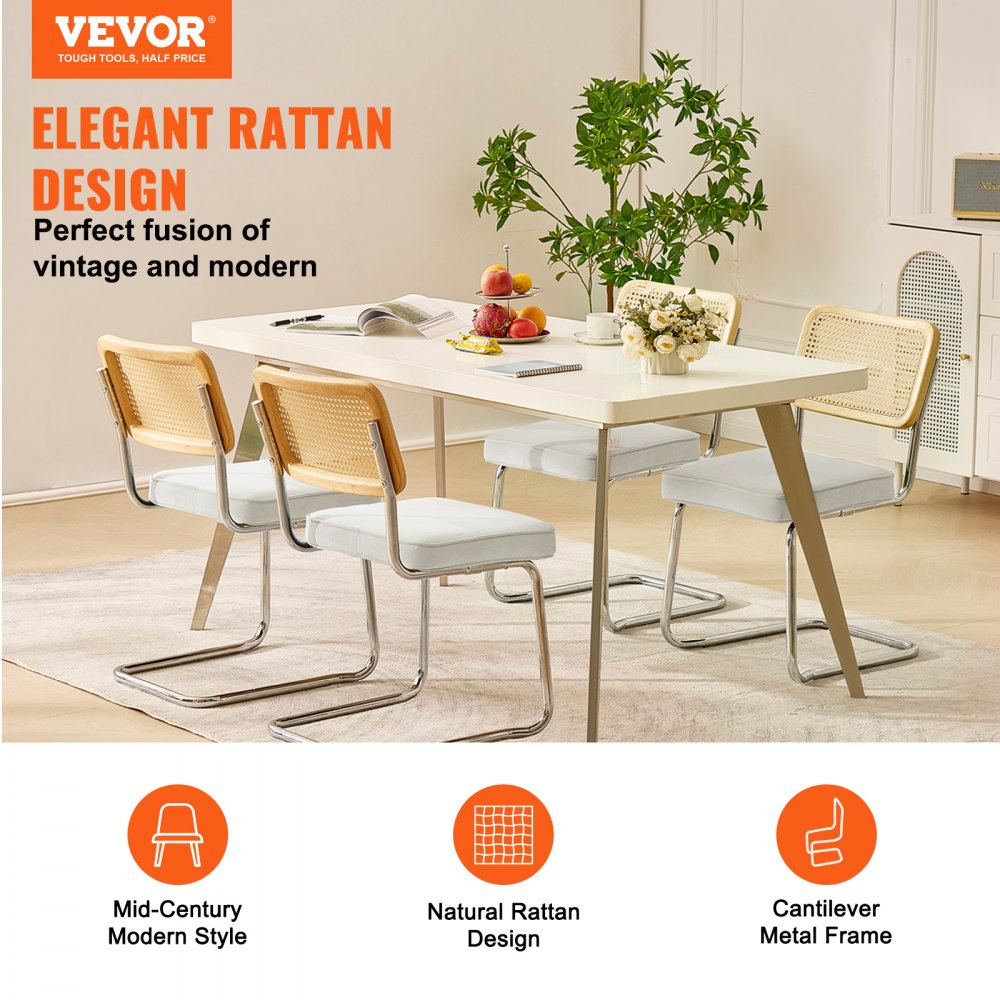 Rattan Dining Chairs Set of 4, Mid Century Modern Dining Chair, Upholstered Velvet Accent Chair with Rattan Back, Retro Dining Room Kitchen Chair for Living Room, Bedroom, Office (18.1 Inch)