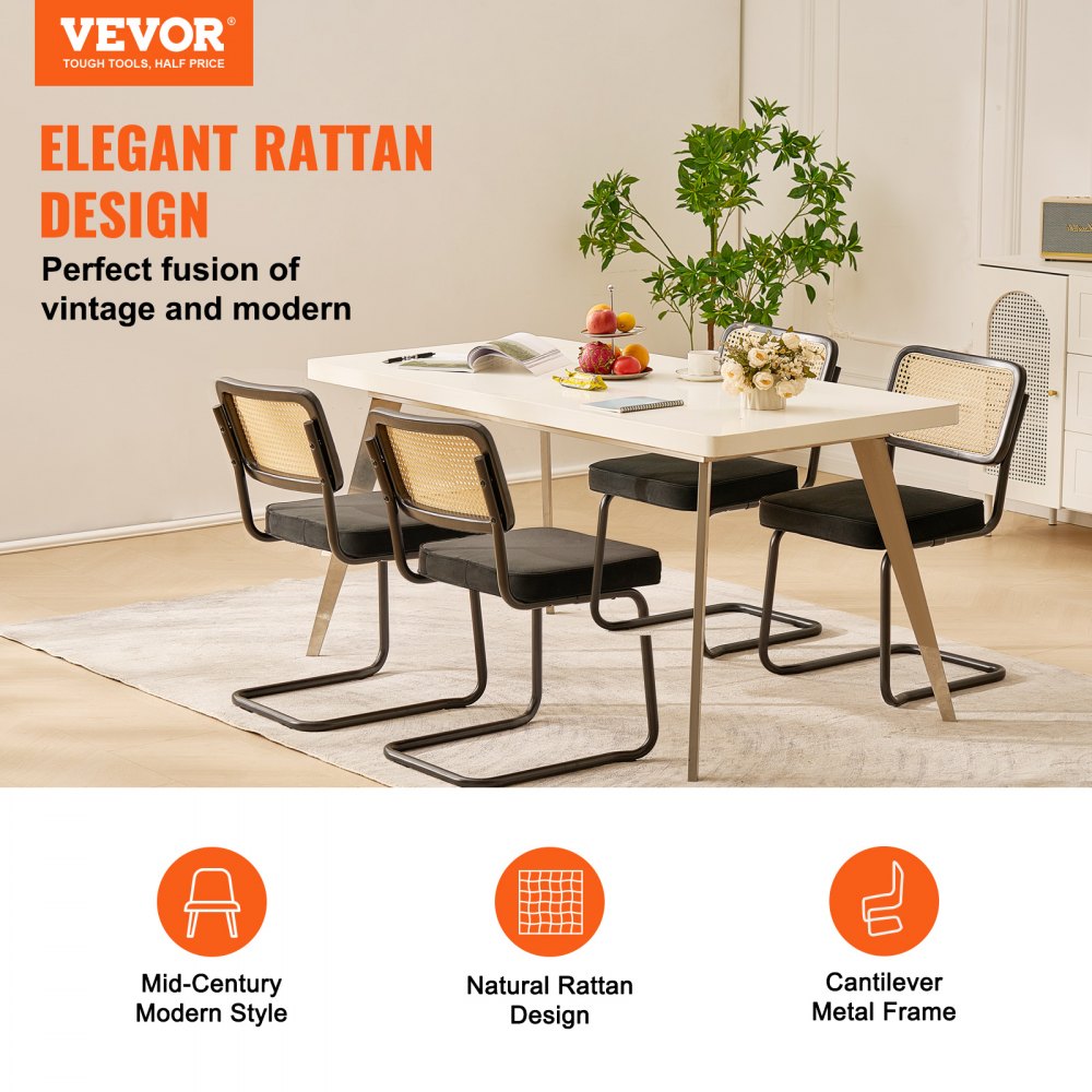 Rattan Dining Chairs Set of 4, Mid Century Modern Dining Chair, Upholstered Velvet Accent Chair with Rattan Back, Retro Dining Room Kitchen Chair for Living Room, Bedroom, Office (18.1 Inch)