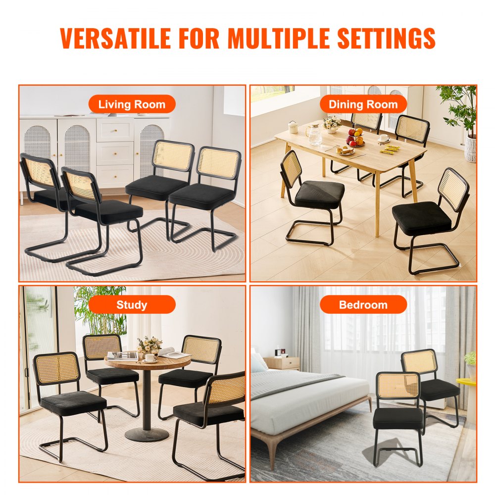 Rattan Dining Chairs Set of 4, Mid Century Modern Dining Chair, Upholstered Velvet Accent Chair with Rattan Back, Retro Dining Room Kitchen Chair for Living Room, Bedroom, Office (18.1 Inch)