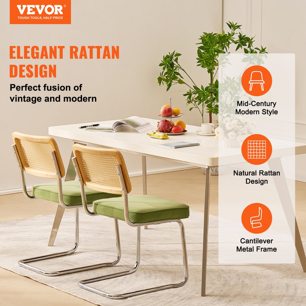 Rattan Dining Chairs Set of 2, Mid Century Modern Dining Chair, Upholstered Velvet Accent Chair with Rattan Back, Retro Dining Room Kitchen Chair for Living Room, Bedroom, Office (18.1 Inch)