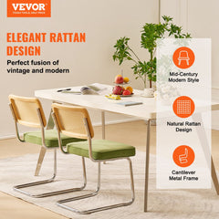 Rattan Dining Chairs Set of 2, Mid Century Modern Dining Chair, Upholstered Velvet Accent Chair with Rattan Back, Retro Dining Room Kitchen Chair for Living Room, Bedroom, Office (18.1 Inch)