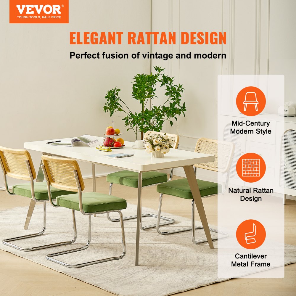 Rattan Dining Chairs Set of 4, Mid Century Modern Dining Chair, Upholstered Velvet Accent Chair with Rattan Back, Retro Dining Room Kitchen Chair for Living Room, Bedroom, Office (18.1 Inch)