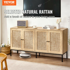 Rattan Cabinet Storage with 4 Magnetic Doors & Adjustable Shelves Natural