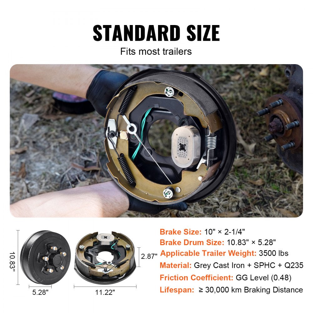 Trailer Hub Drum Kits 5 on 4.5" B.C. with 10" x 2.25" Electric Brakes, Self-Adjusting Trailer Brake Assembly for 3500 lbs Axle, 4-Hole Mounting, Backing Plates for Brake System Part Replacement