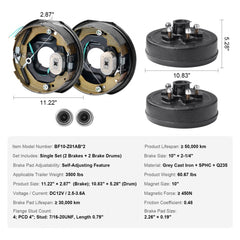 Trailer Hub Drum Kits 5 on 4.5" B.C. with 10" x 2.25" Electric Brakes, Self-Adjusting Trailer Brake Assembly for 3500 lbs Axle, 4-Hole Mounting, Backing Plates for Brake System Part Replacement