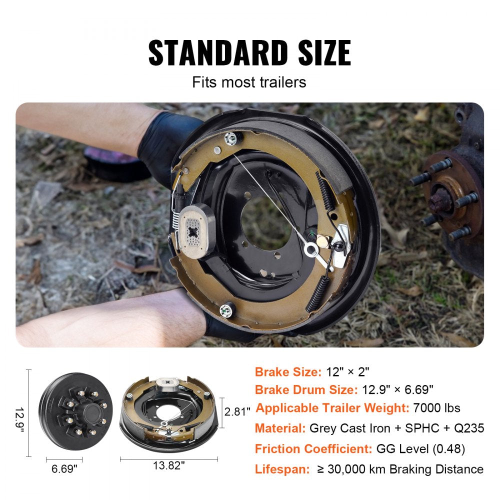 Trailer Hub Drum Kits 8 on 6.5" B.C. with 12" x 2" Electric Brakes, Self-Adjusting Trailer Brake Assembly for 7000 lbs Axle, 5-Hole Mounting, Backing Plates for Brake System Part Replacement