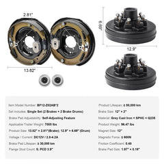 Trailer Hub Drum Kits 8 on 6.5" B.C. with 12" x 2" Electric Brakes, Self-Adjusting Trailer Brake Assembly for 7000 lbs Axle, 5-Hole Mounting, Backing Plates for Brake System Part Replacement