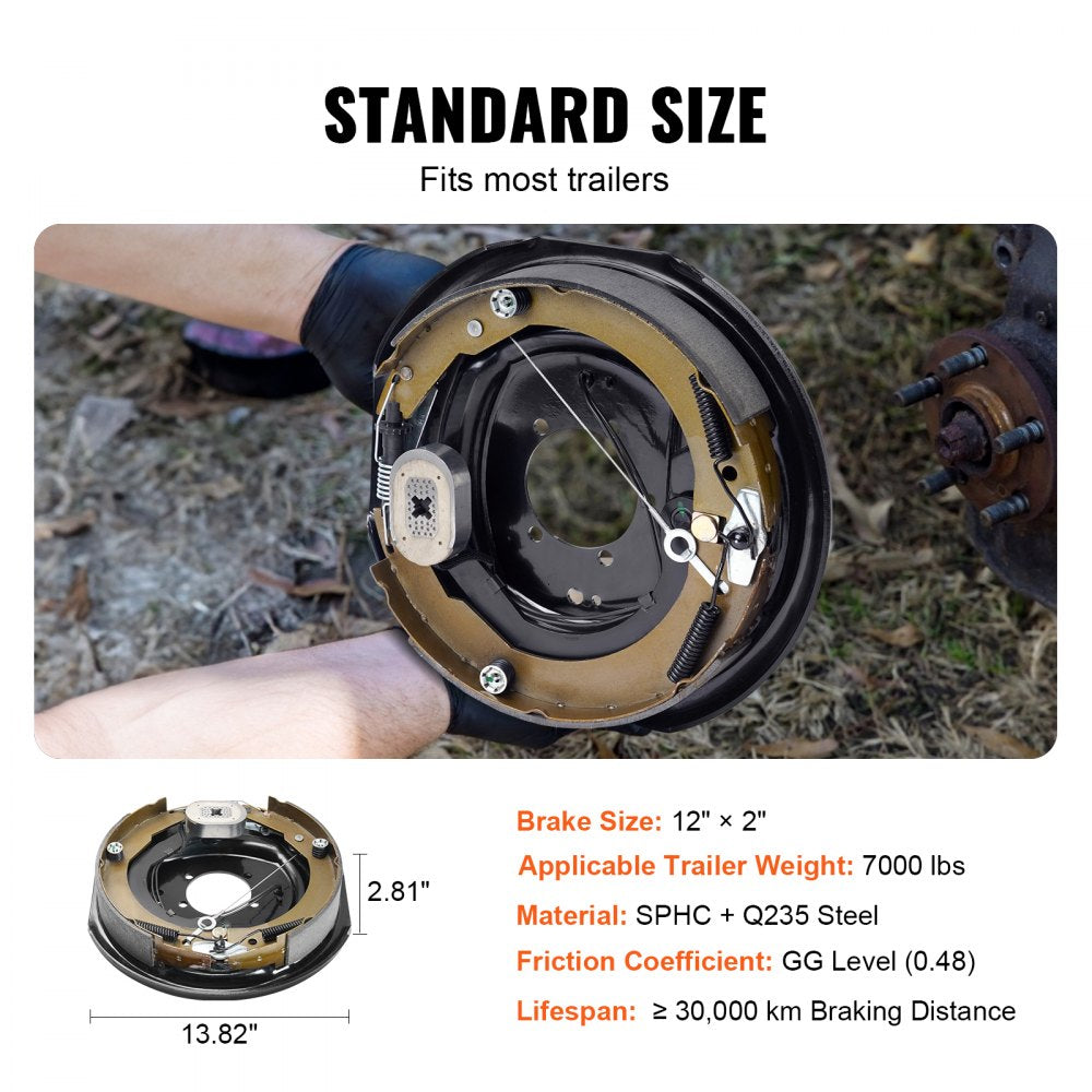 Electric Trailer Brake Assembly, 12" x 2", 1 Pair Self-Adjusting Electric Brakes Kit for 7000 lbs Axle, 5-Hole Mounting, Backing Plates for Braking System Part Replacement (1 Right + 1 Left)