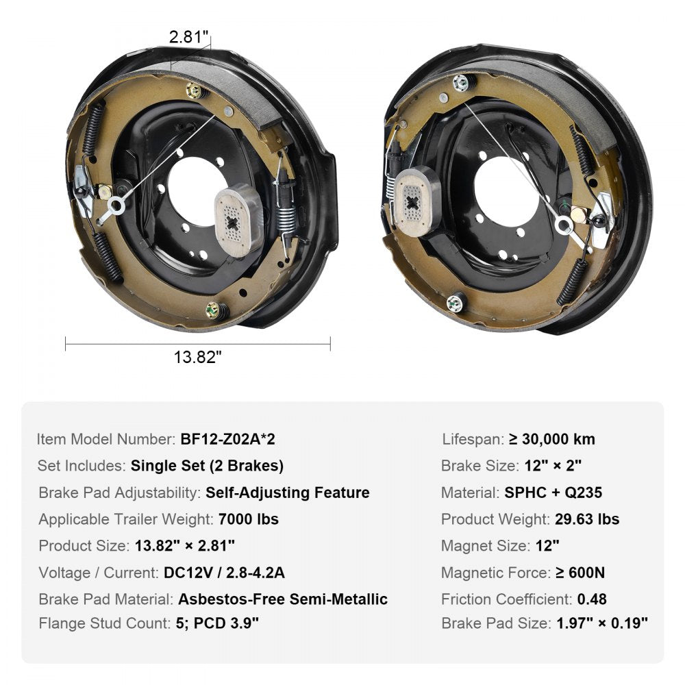 Electric Trailer Brake Assembly, 12" x 2", 1 Pair Self-Adjusting Electric Brakes Kit for 7000 lbs Axle, 5-Hole Mounting, Backing Plates for Braking System Part Replacement (1 Right + 1 Left)