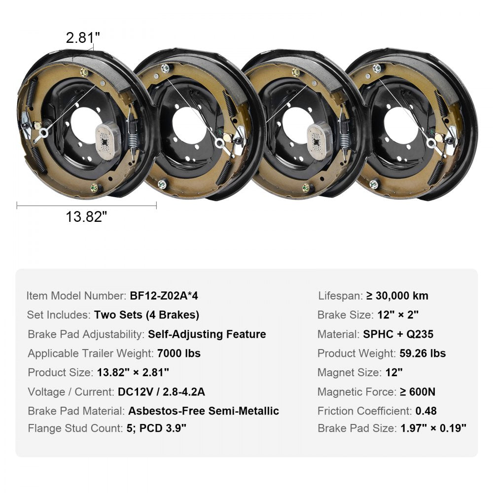 Electric Trailer Brake Assembly, 12" x 2", 2 Pairs Self-Adjusting Electric Brakes Kit for 7000 lbs Axle, 5-Hole Mounting, Backing Plates for Braking System Part Replacement (2 Right + 2 Left)