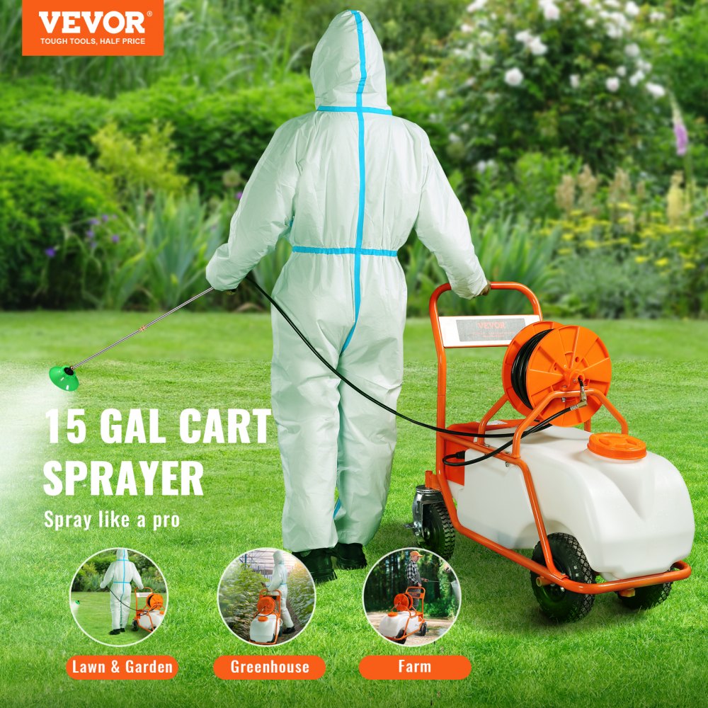 A person in a protective suit demonstrates the 15-gallon battery-powered lawn sprayer cart on wheels in a green garden setting.