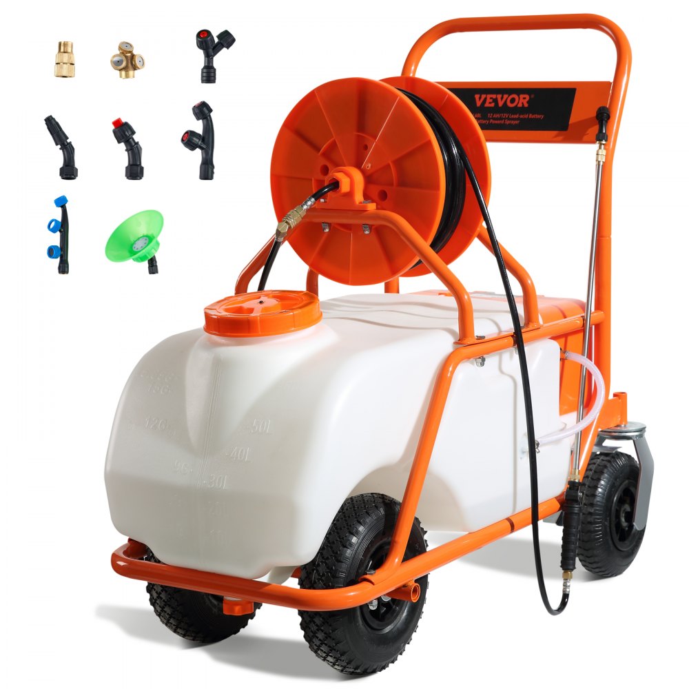 Orange Bostome 15-gallon battery-powered wheeled lawn sprayer with hose, nozzles, and 90 PSI pump.