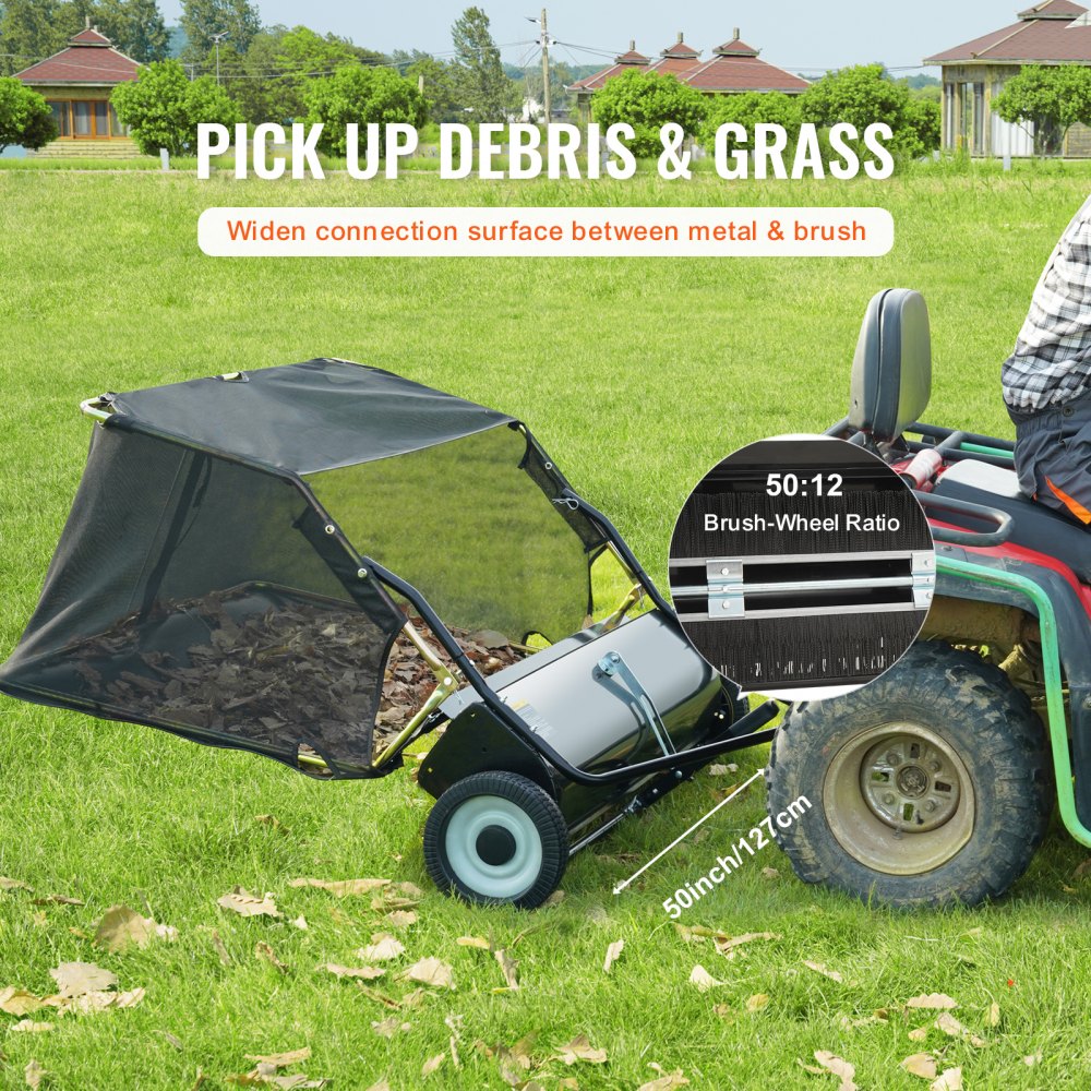 Lawn Sweeper Tow Behind Leaf Yard Collector 50" 26 Cu. Ft. Adjustable