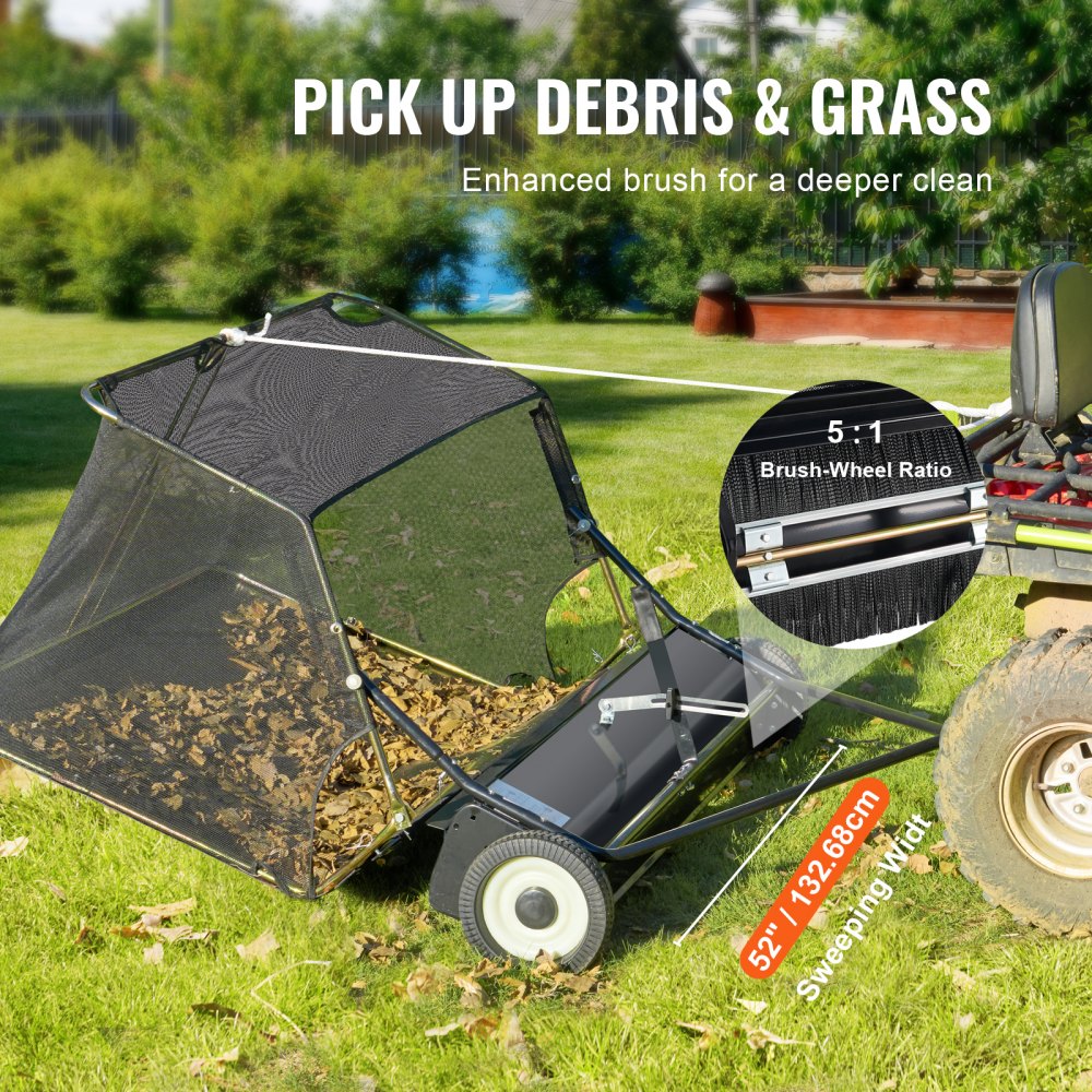 Tow-Behind Lawn Sweeper 52-inch Leaf Yard Collector 26 cu.ft. Adjustable