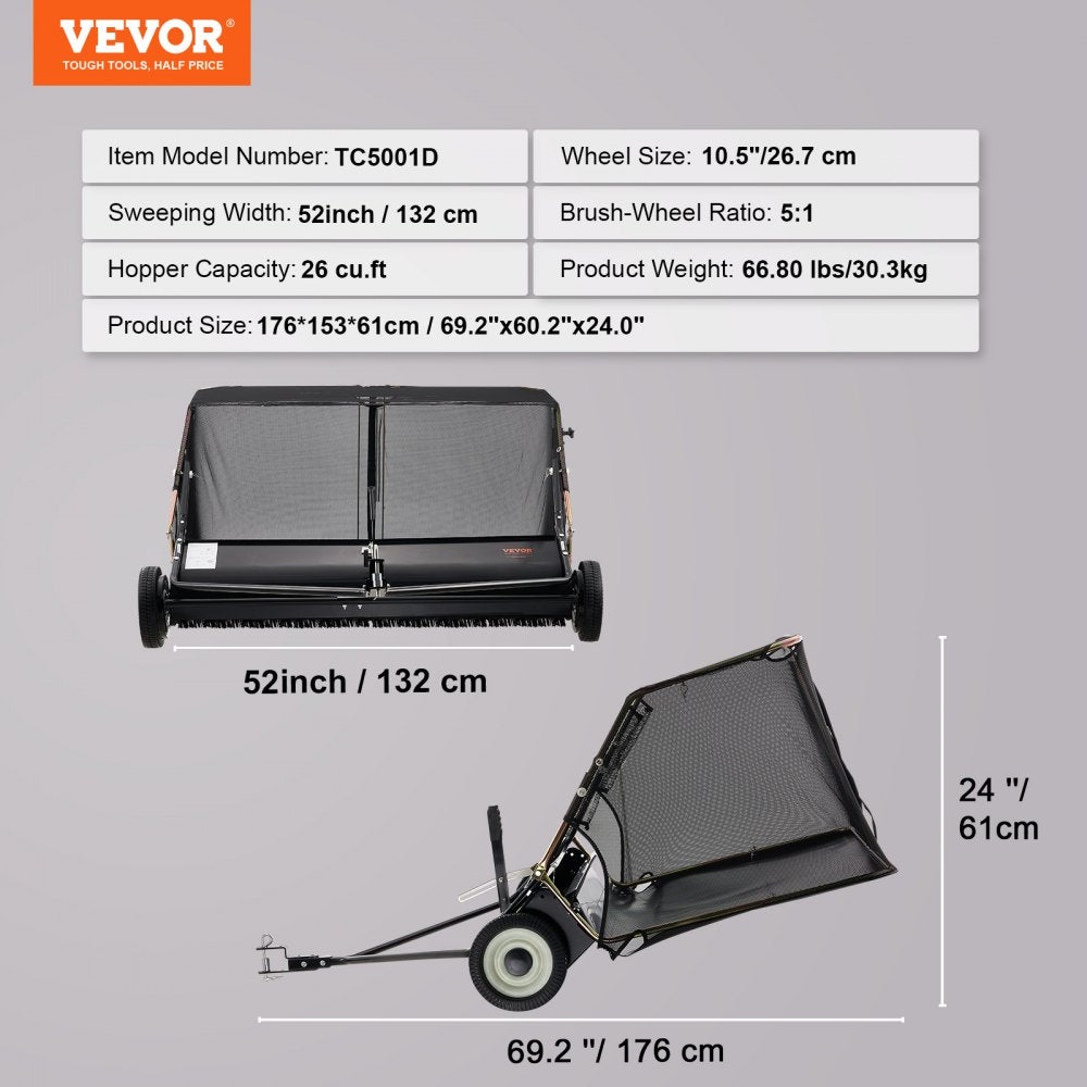Tow-Behind Lawn Sweeper 52-inch Leaf Yard Collector 26 cu.ft. Adjustable