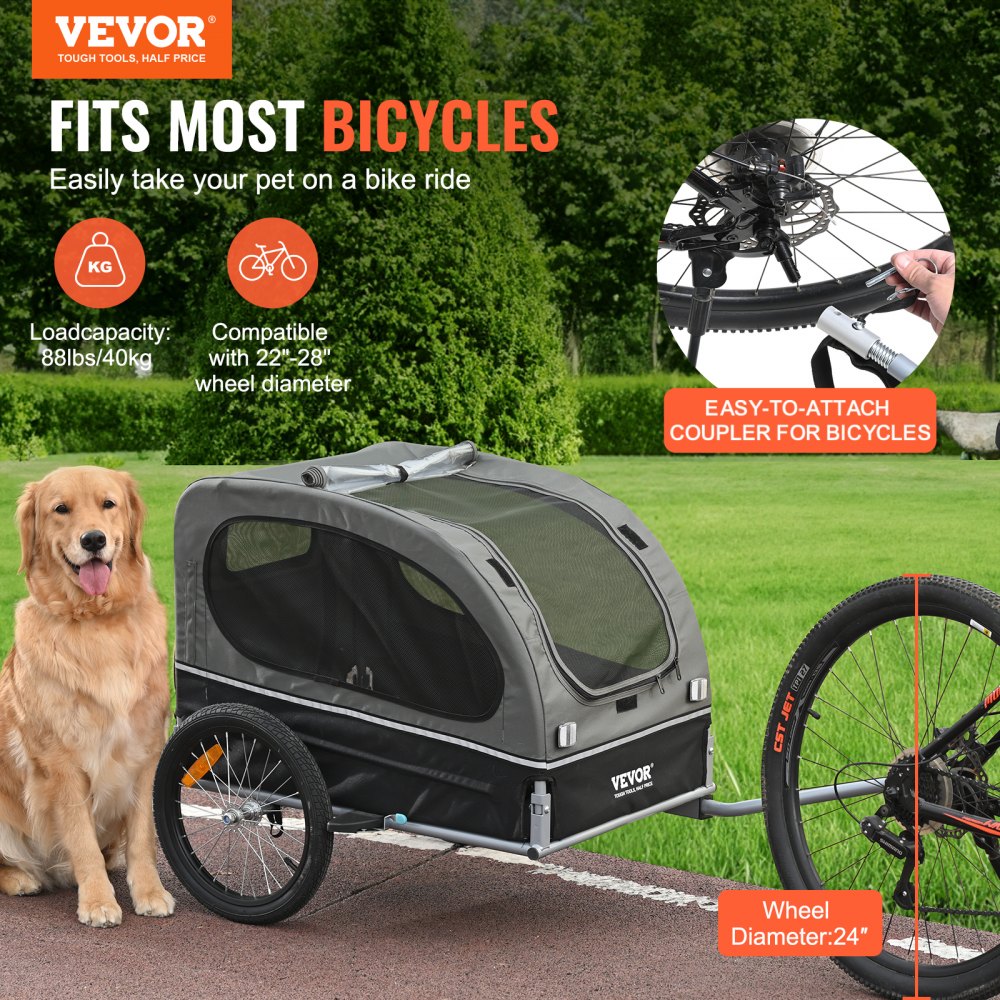 Black and gray Bostome Dog Bike Trailer with a folding design and 88 lbs capacity.