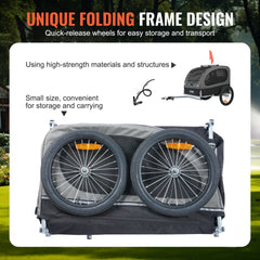 Black and gray Bostome dog bike trailer with a folding frame and 88 lbs capacity.