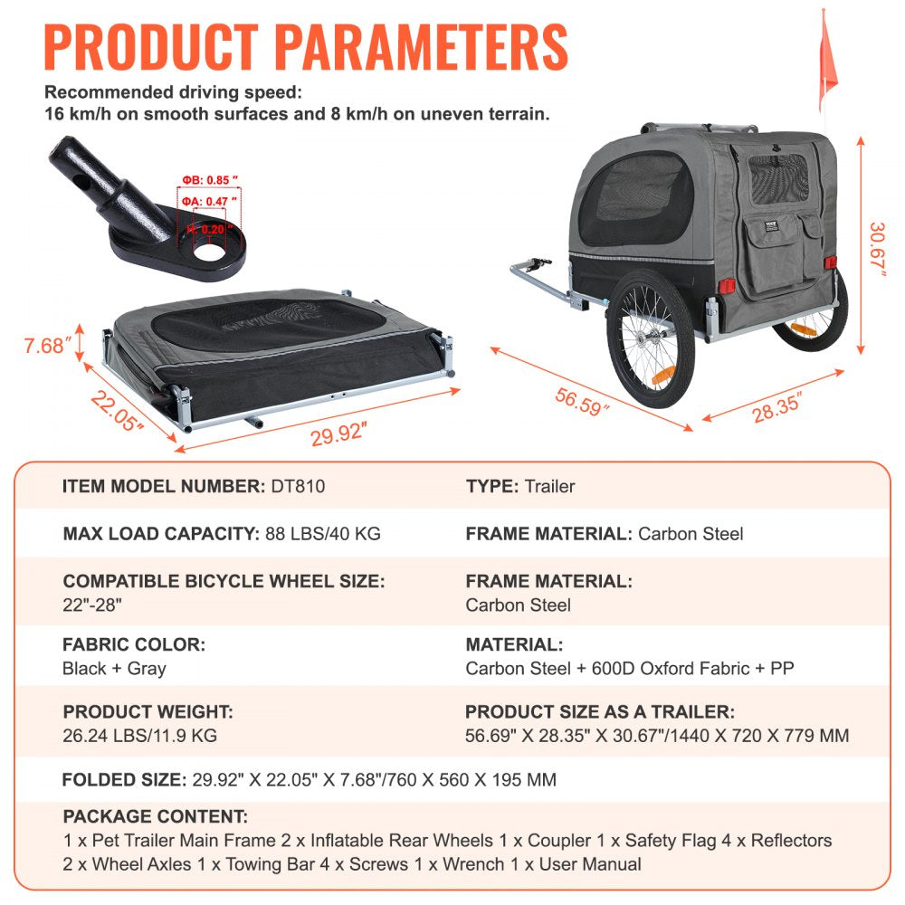 Black and gray Bostome dog bike trailer with a folding frame and 88 lbs capacity.
