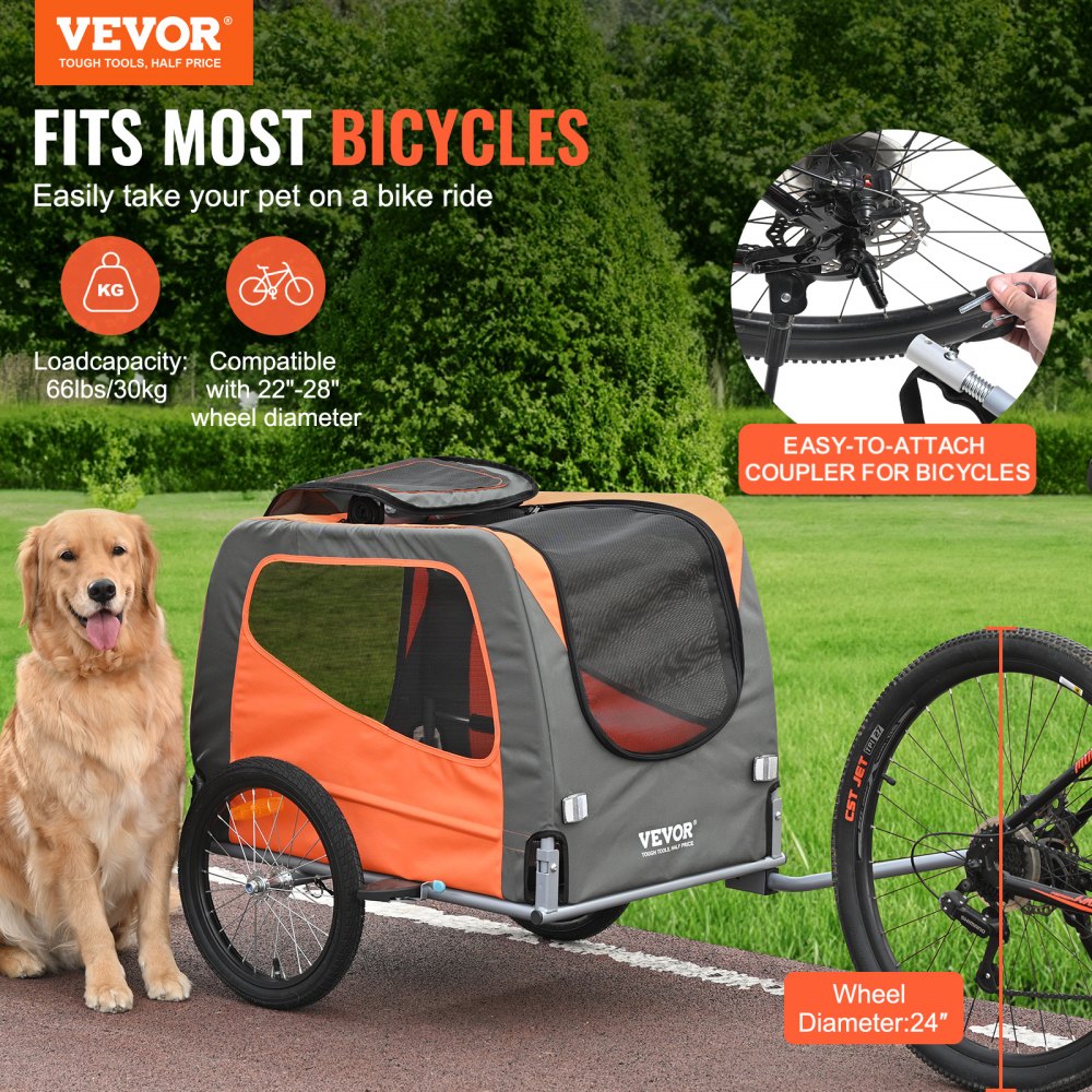 Orange and gray dog bike trailer with 66 lbs capacity, attached to bicycle wheel, featuring golden retriever inside.