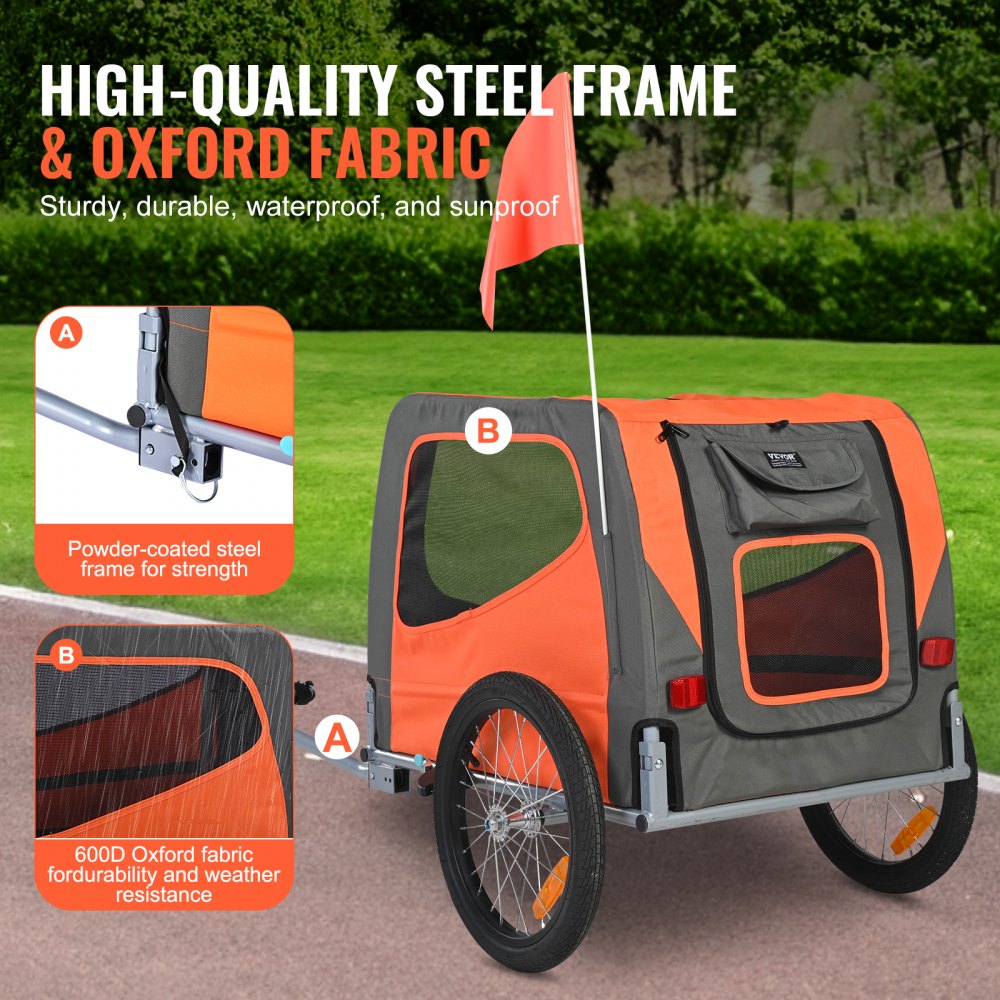 Orange and gray dog bike trailer with steel frame, Oxford fabric, and 66 lbs capacity.
