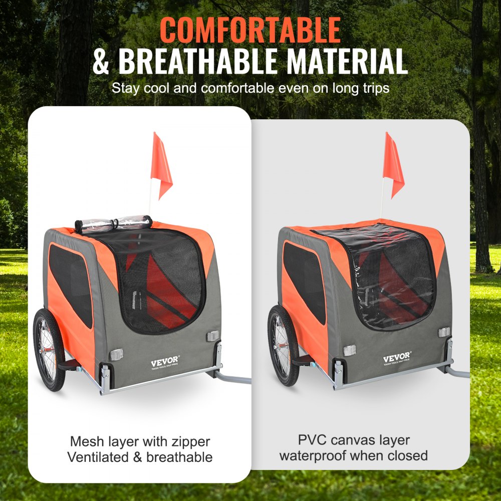 Orange and gray Bostome dog bike trailer with mesh and PVC layers, 66 lbs capacity.