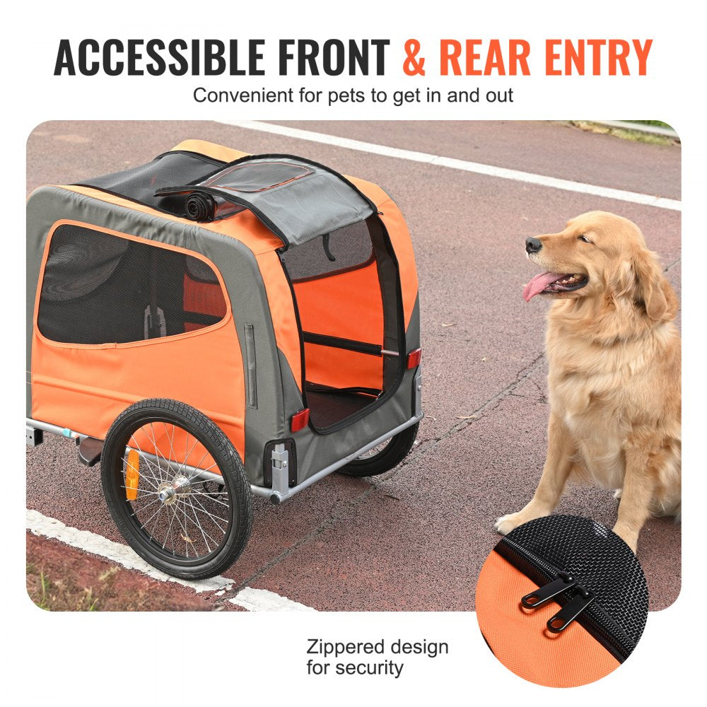 Orange and gray dog bike trailer with accessible front and rear entries, shown with a golden retriever.