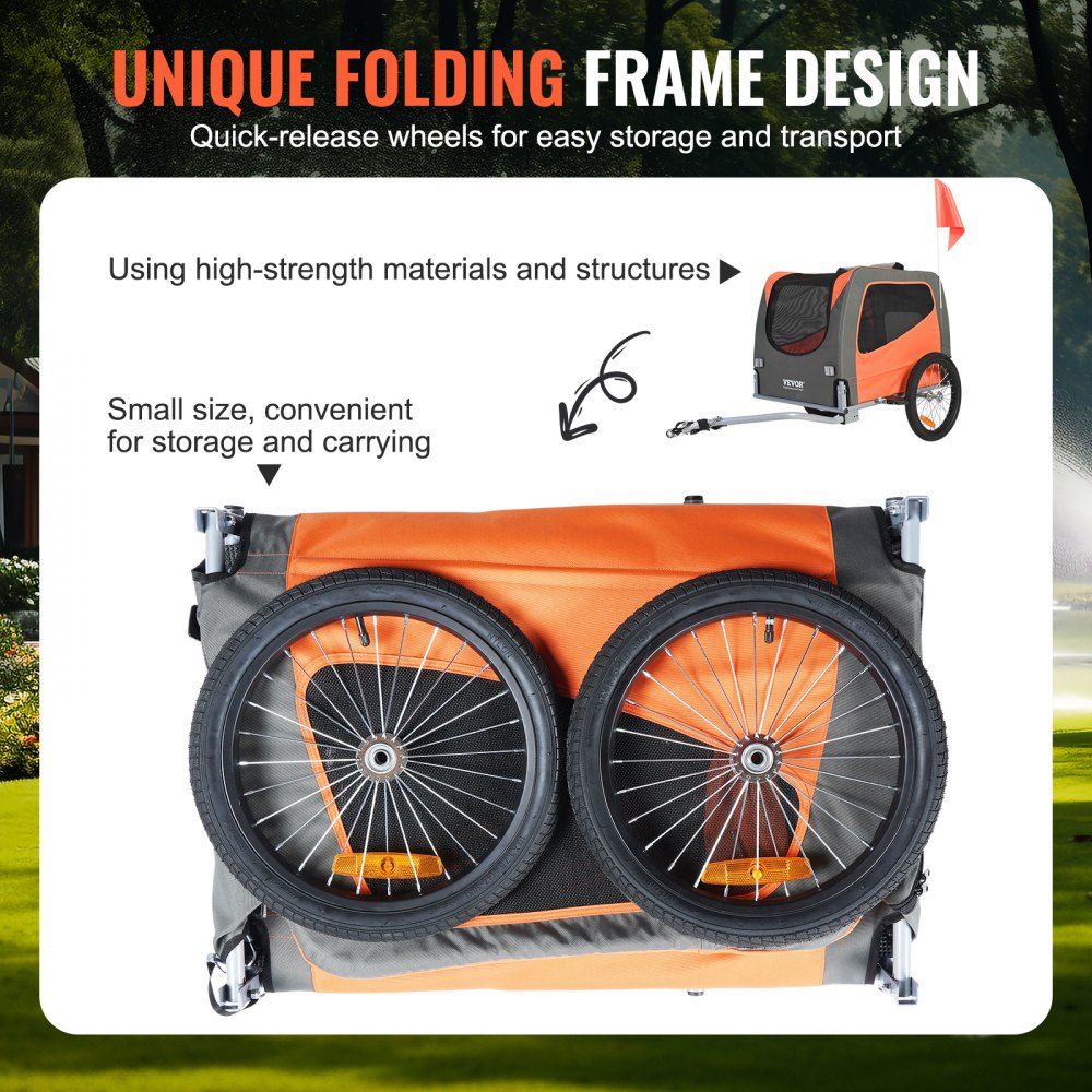 Orange and gray Bostome dog bike trailer with folding frame, quick-release wheels, and 66 lbs capacity.