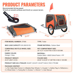 Orange and gray dog bike trailer with 66 lbs capacity, folded and unfolded views shown.