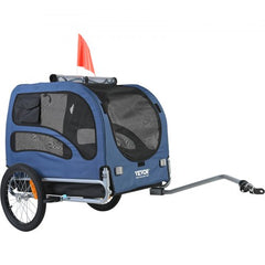 Blue and black dog bike trailer with folding frame, mesh doors, and 100 lbs capacity.