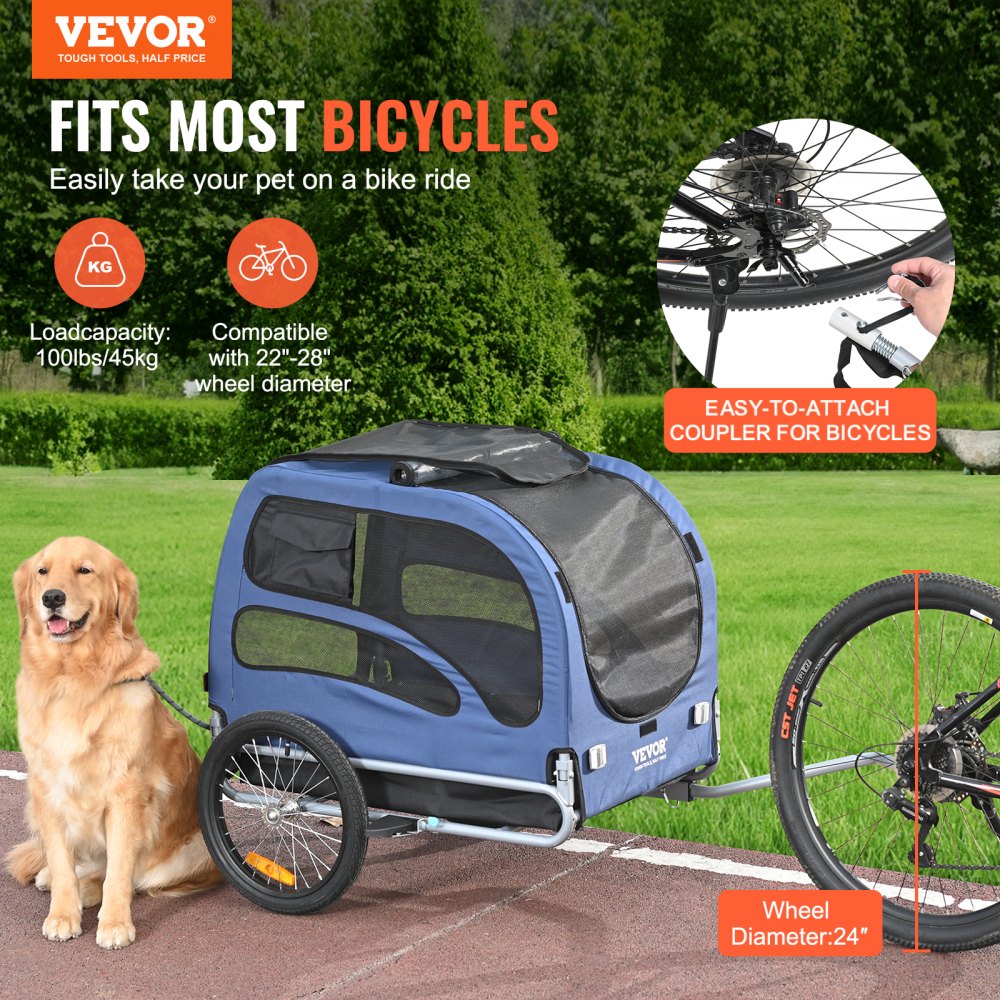 Blue and black dog bike trailer with folding frame, mesh doors, and 100 lbs capacity.