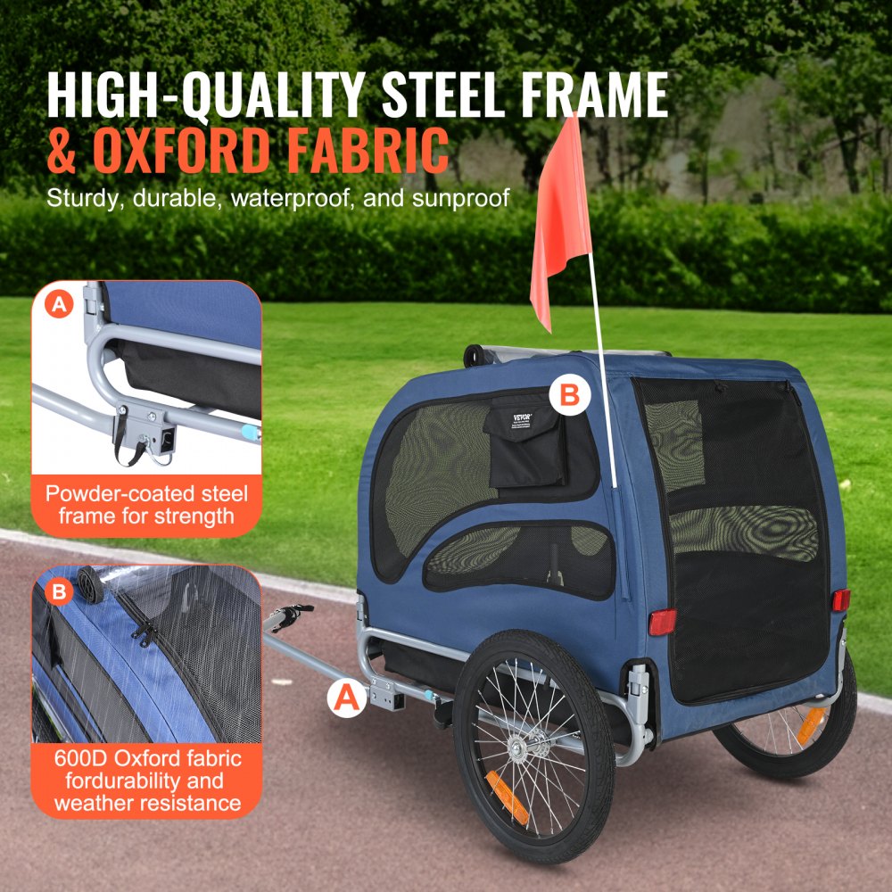 Blue and black dog bike trailer with a 100 lbs capacity and folding design for easy storage.