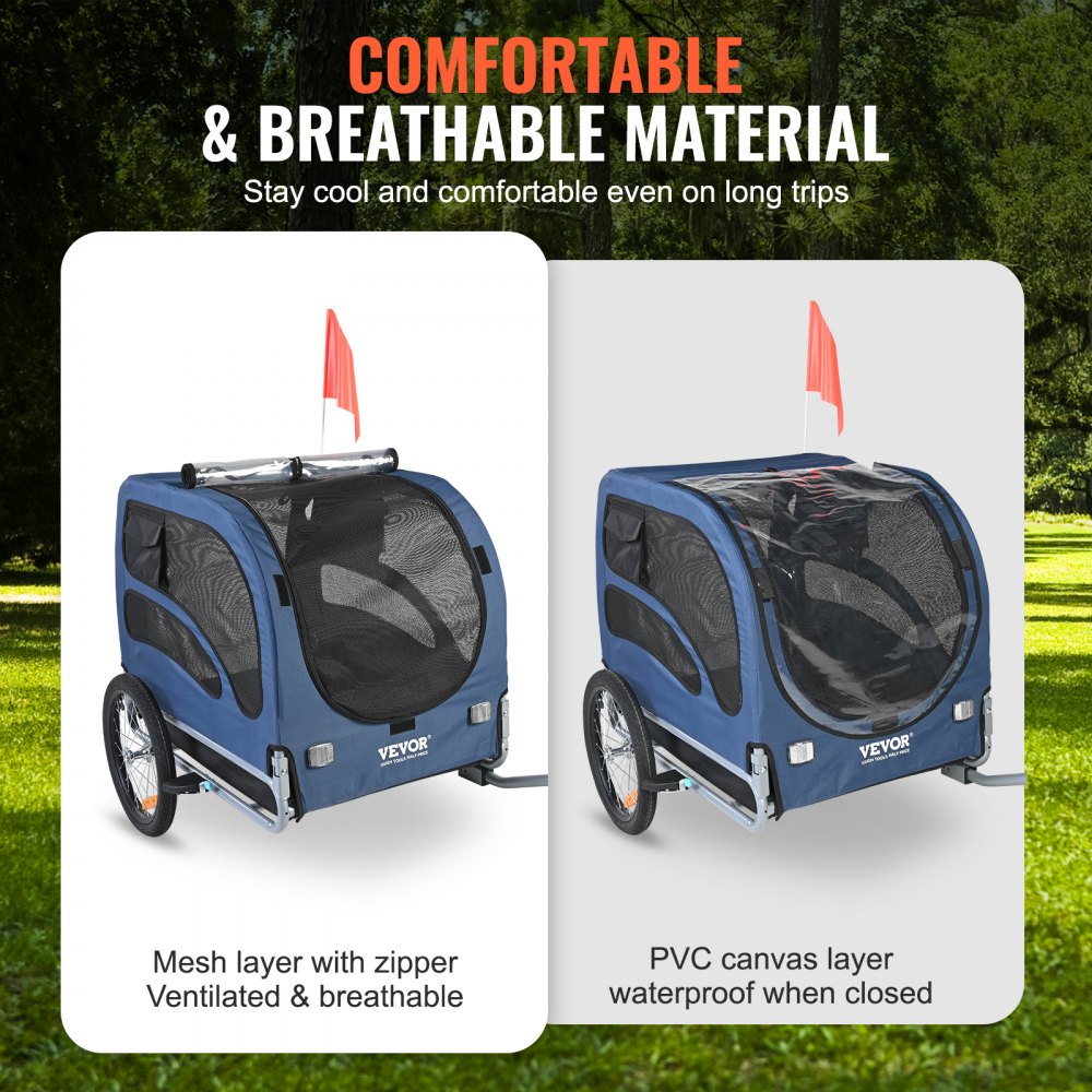 Blue and black dog bike trailer with folding frame, zippered doors, and reflective wheels.