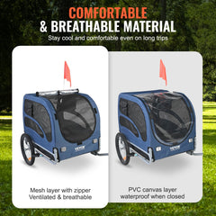 Blue and black dog bike trailer with folding frame, zippered doors, and reflective wheels.